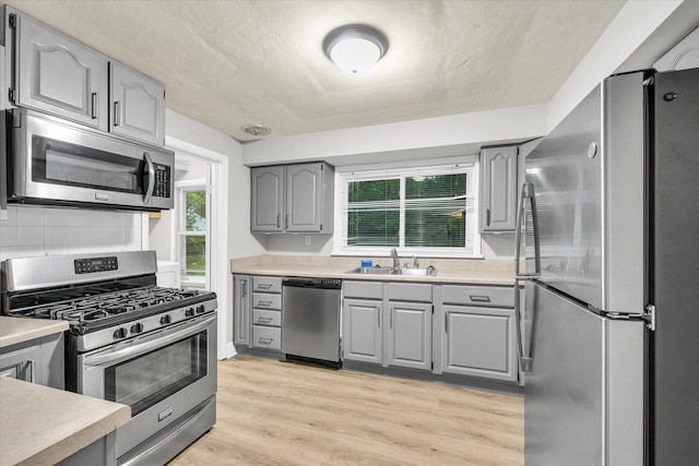 724 Dover Pl, Champaign, IL 61820 - kitchen with appliances with stainless steel finishes, gray cabinetry, light countertops, backsplash, and a textured ceiling