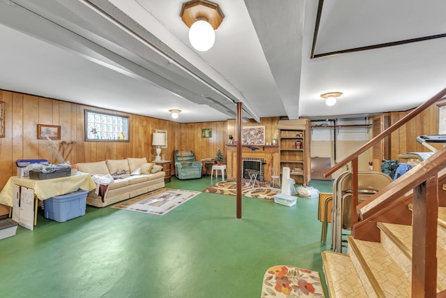 4512 S Trumbull Ave, Chicago, IL 60632 - living area with wood walls, finished concrete floors, and stairway