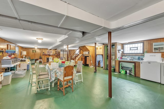 4512 S Trumbull Ave, Chicago, IL 60632 - basement featuring wooden walls, washer / clothes dryer, and stairs