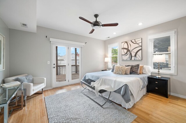 1242 W Ohio St Unit 2E, Chicago, IL 60642 - bedroom with access to outside, light wood-style floors, a ceiling fan, and recessed lighting