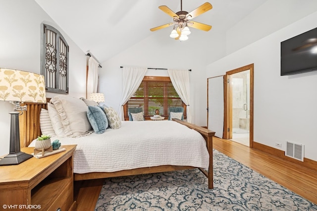 128 Coolidge Ave, Barrington, IL 60010 - bedroom featuring wood finished floors, high vaulted ceiling, ensuite bath, and ceiling fan
