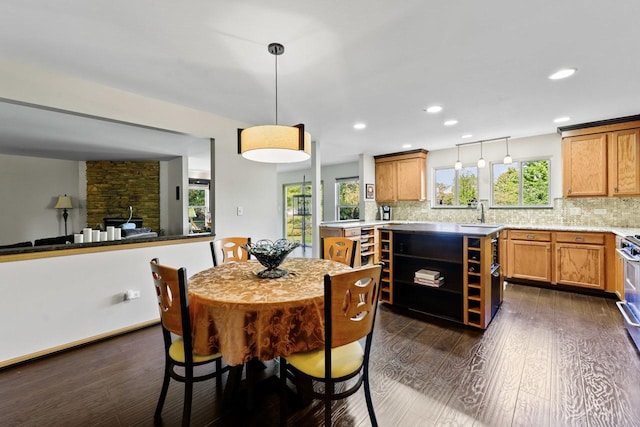 1018 Butterfield Cir E, Shorewood, IL 60404 - dining space with dark wood-style floors, recessed lighting, and a fireplace