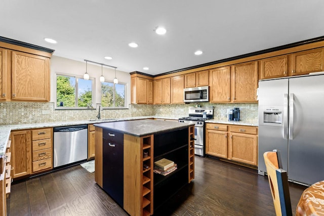 1018 Butterfield Cir E, Shorewood, IL 60404 - kitchen featuring appliances with stainless steel finishes, open shelves, dark wood-style floors, tasteful backsplash, and recessed lighting