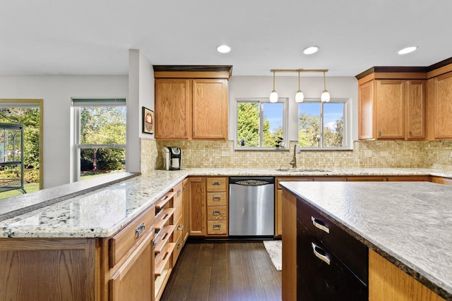1018 Butterfield Cir E, Shorewood, IL 60404 - kitchen featuring dishwasher, plenty of natural light, light stone counters, a peninsula, and recessed lighting