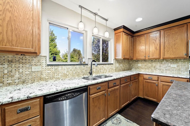 1018 Butterfield Cir E, Shorewood, IL 60404 - kitchen featuring dishwasher, brown cabinetry, dark wood-type flooring, and light stone countertops