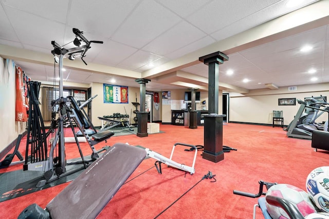 1018 Butterfield Cir E, Shorewood, IL 60404 - workout area with a drop ceiling, carpet, ornate columns, and recessed lighting