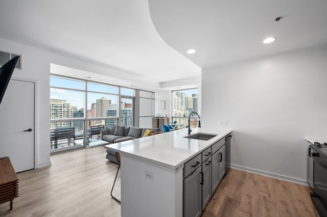 303 W Ohio St Unit 2302, Chicago, IL 60654 - kitchen featuring a peninsula, gray cabinets, light wood-type flooring, a view of city, and light countertops