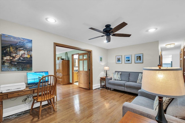 20 Park Dr, Villa Grove, IL 61956 - living room featuring a desk, wood finished floors, a ceiling fan, and recessed lighting