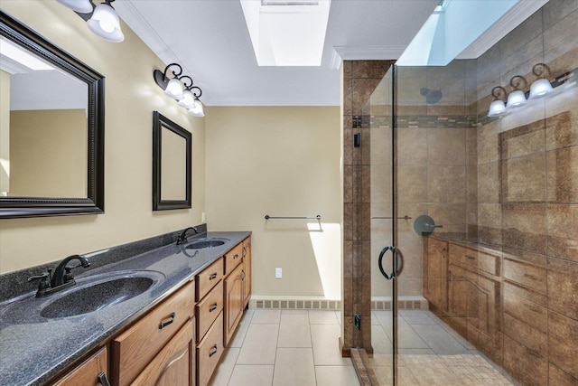 20 Park Dr, Villa Grove, IL 61956 - full bath featuring a stall shower, double vanity, a skylight, tile patterned flooring, and ornamental molding