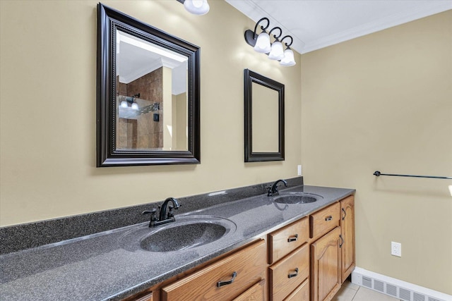20 Park Dr, Villa Grove, IL 61956 - full bath featuring crown molding, double vanity, tiled shower, and tile patterned flooring