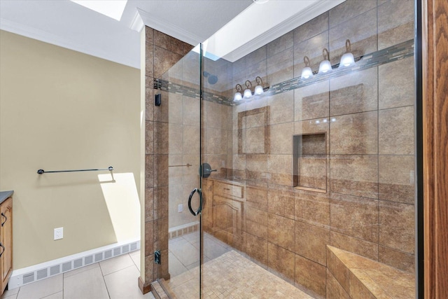 20 Park Dr, Villa Grove, IL 61956 - full bath with a stall shower, crown molding, tile patterned floors, and vanity