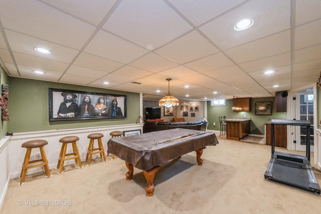 1954 Greenview St, Valparaiso, IN 46383 - game room featuring bar with sink, light carpet, billiards table, a paneled ceiling, and a wainscoted wall
