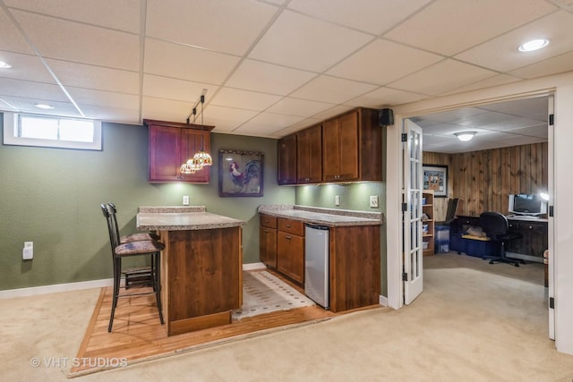 1954 Greenview St, Valparaiso, IN 46383 - kitchen featuring a paneled ceiling, fridge, an office area, a breakfast bar, and light carpet