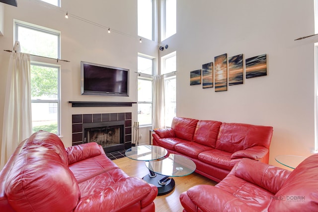 911 Waterford Ln, Elk Grove Village, IL 60007 - living room featuring plenty of natural light, a towering ceiling, a tile fireplace, and wood finished floors