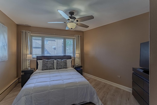 711 E Greenview Rd, Itasca, IL 60143 - bedroom featuring a baseboard heating unit, light wood-style floors, and ceiling fan