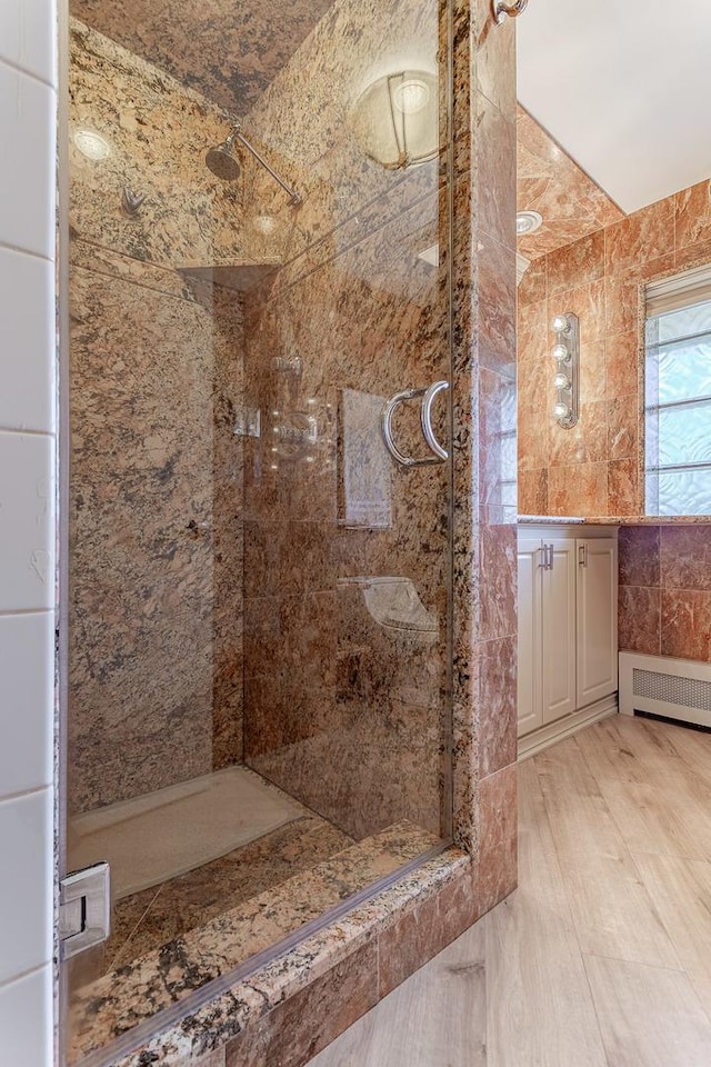 711 E Greenview Rd, Itasca, IL 60143 - bathroom with a stall shower, radiator heating unit, and vanity