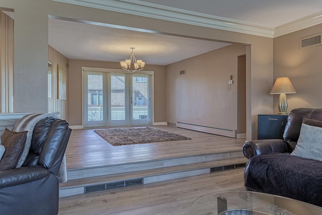711 E Greenview Rd, Itasca, IL 60143 - living room featuring a baseboard radiator, a chandelier, wood finished floors, and ornamental molding