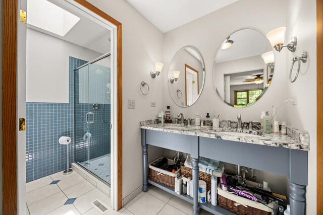 13542 S Erin Dr, Homer Glen, IL 60491 - full bath with tile patterned flooring, a stall shower, a skylight, vanity, and ceiling fan