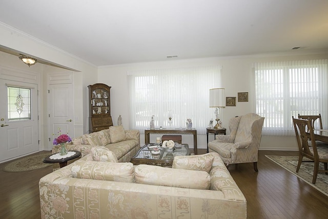 11642 Sunderlin Dr, Huntley, IL 60142 - living room with dark wood-style floors and crown molding