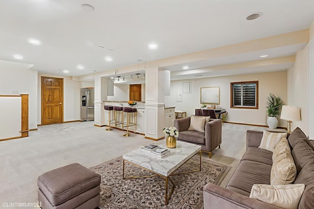 3175 Wild Meadow Ln, Aurora, IL 60504 - living area featuring wet bar, recessed lighting, and light carpet