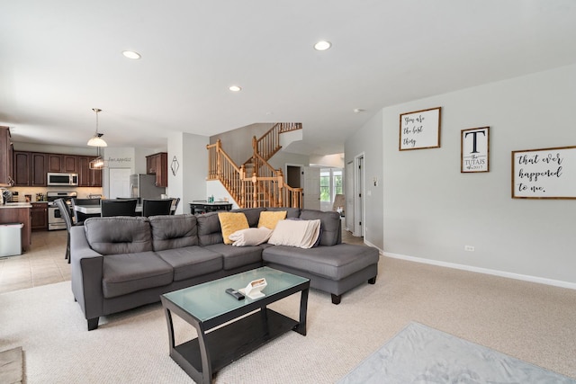 17857 Wilker Dr, Lockport, IL 60441 - living area featuring stairs, light carpet, and recessed lighting