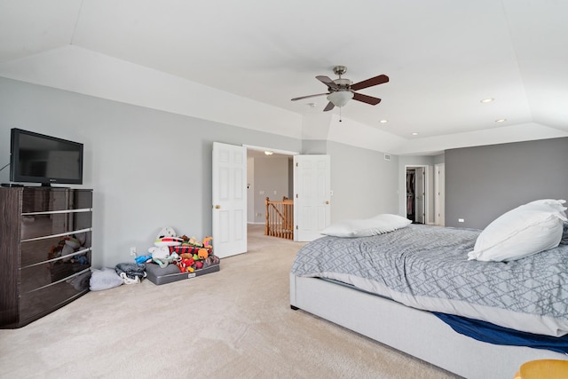 17857 Wilker Dr, Lockport, IL 60441 - bedroom featuring carpet flooring, lofted ceiling, recessed lighting, and a ceiling fan