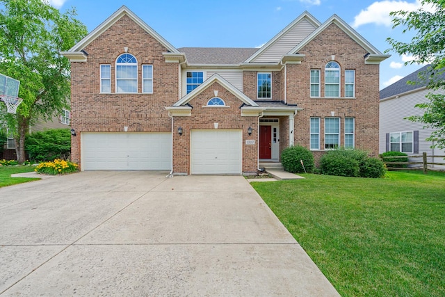 17857 Wilker Dr, Lockport, IL 60441 - view of front of house featuring concrete driveway, a front lawn, a garage, and brick siding
