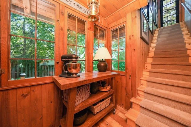 3720 E Lake Shore Dr, Wonder Lake, IL 60097 - stairway featuring wood finished floors, wood walls, and wood ceiling
