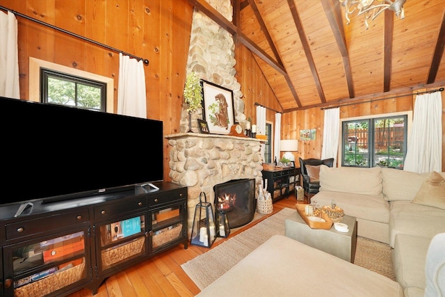 3720 E Lake Shore Dr, Wonder Lake, IL 60097 - living area featuring a wooden ceiling with exposed beams, wood-type flooring, wooden walls, high vaulted ceiling, and a fireplace