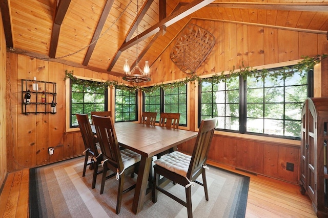 3720 E Lake Shore Dr, Wonder Lake, IL 60097 - dining room with wooden ceiling, wooden walls, light wood finished floors, and a chandelier
