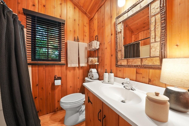 3720 E Lake Shore Dr, Wonder Lake, IL 60097 - full bath with vanity, wood walls, a shower with shower curtain, and wood finished floors