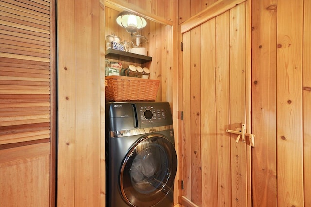 3720 E Lake Shore Dr, Wonder Lake, IL 60097 - laundry room featuring washer / dryer and wood walls
