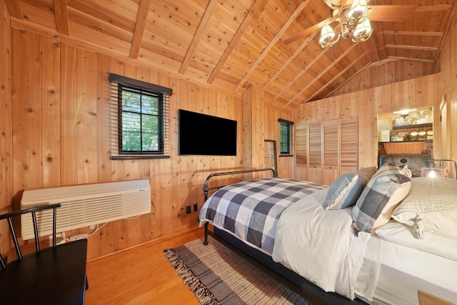 3720 E Lake Shore Dr, Wonder Lake, IL 60097 - bedroom featuring wood walls, lofted ceiling, wood finished floors, and wooden ceiling