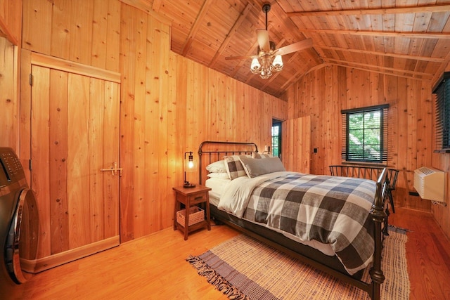 3720 E Lake Shore Dr, Wonder Lake, IL 60097 - bedroom featuring wood finished floors, wood walls, wood ceiling, lofted ceiling, and a ceiling fan