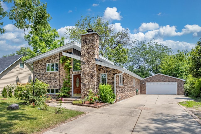 1649 Larry Ln, Glendale Heights, IL 60139 - view of front of home with brick siding, an outbuilding, a chimney, a front lawn, and concrete driveway