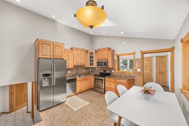 1649 Larry Ln, Glendale Heights, IL 60139 - kitchen featuring stainless steel appliances, glass insert cabinets, recessed lighting, high vaulted ceiling, and backsplash