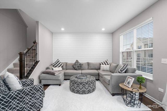 229 Lakeshore Dr, Oswego, IL 60543 - living area with wood finished floors, stairs, and recessed lighting