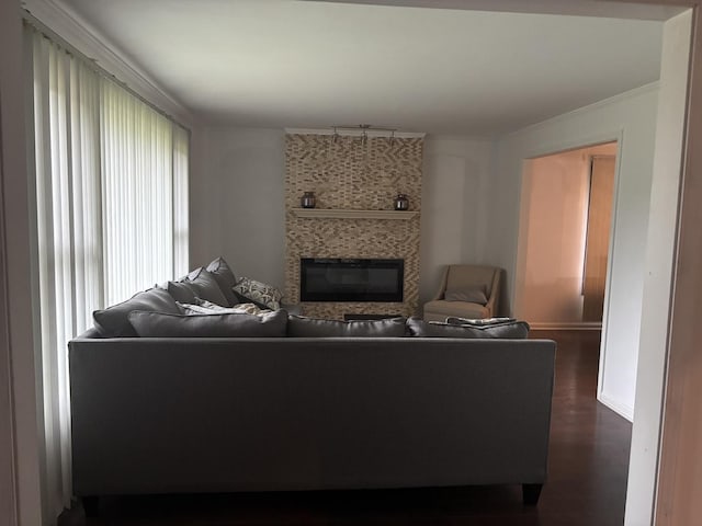 744 Academy Ave, Matteson, IL 60443 - living room featuring a large fireplace, dark wood-style flooring, and ornamental molding