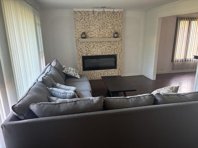 744 Academy Ave, Matteson, IL 60443 - living room featuring wood finished floors, a tiled fireplace, and crown molding