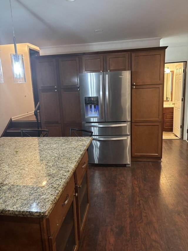 744 Academy Ave, Matteson, IL 60443 - kitchen featuring stainless steel refrigerator with ice dispenser, dark wood-type flooring, and light stone countertops