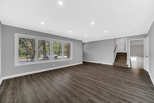 3115 172nd St, Hazel Crest, IL 60429 - unfurnished living room featuring ornamental molding, stairway, dark wood-style flooring, and recessed lighting