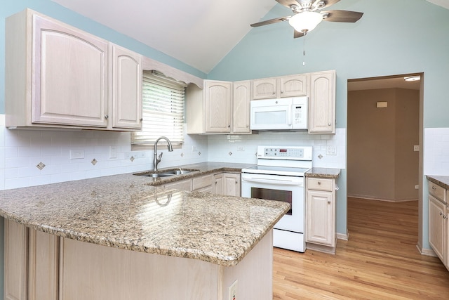 2007 Thornwood Cir, Saint Charles, IL 60174 - kitchen featuring white appliances, a peninsula, a ceiling fan, light wood-style floors, and light stone countertops