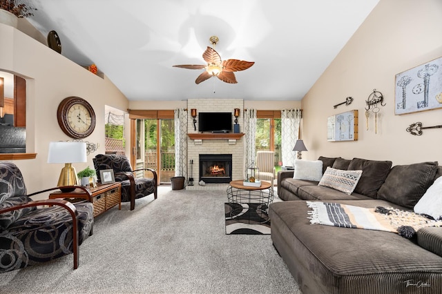 937 Wellington Cir, Aurora, IL 60506 - living room featuring lofted ceiling, carpet flooring, ceiling fan, and a brick fireplace
