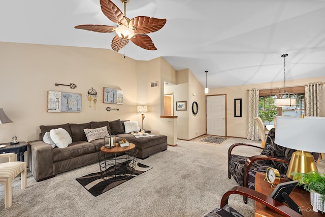 937 Wellington Cir, Aurora, IL 60506 - carpeted living area with lofted ceiling and ceiling fan