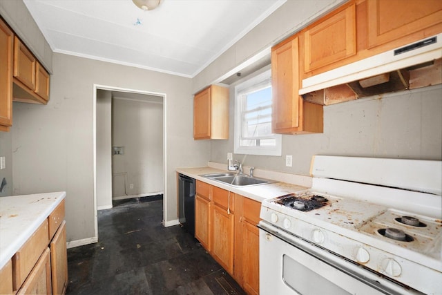 1616 Wilcox St, Crest Hill, IL 60435 - kitchen featuring white gas stove, under cabinet range hood, black dishwasher, light countertops, and ornamental molding