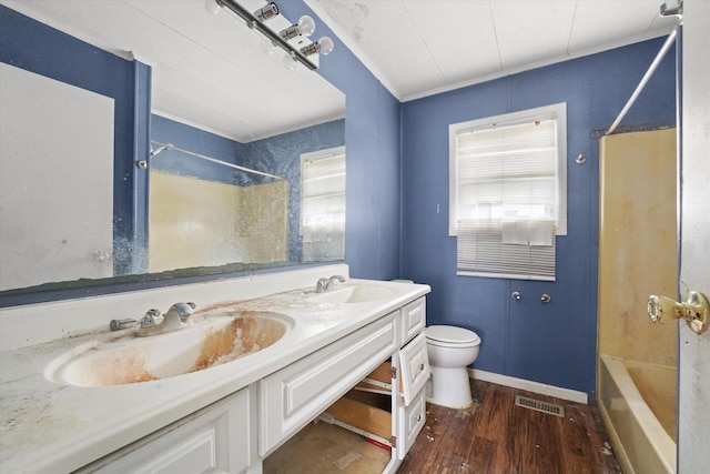 1616 Wilcox St, Crest Hill, IL 60435 - full bathroom featuring shower / bathtub combination, wood finished floors, double vanity, and ornamental molding