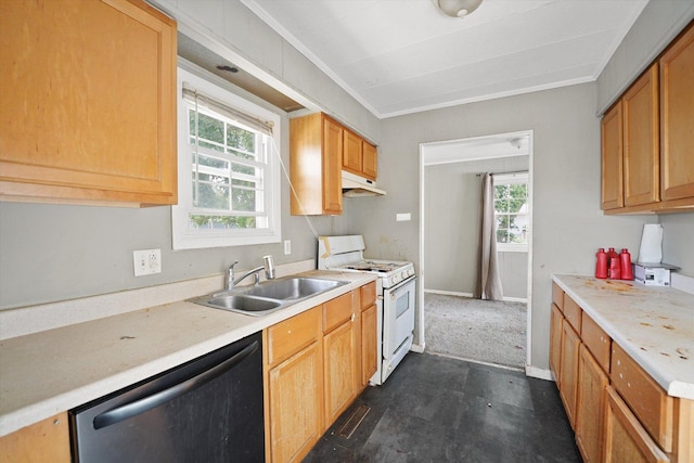 1616 Wilcox St, Crest Hill, IL 60435 - kitchen with dishwasher, white gas stove, healthy amount of natural light, light countertops, and ornamental molding