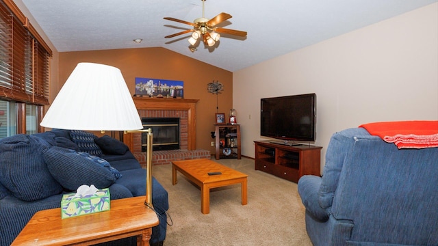 410 Wildberry Dr, Normal, IL 61761 - living room with light colored carpet, a ceiling fan, lofted ceiling, and a brick fireplace
