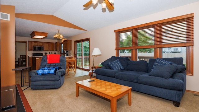 410 Wildberry Dr, Normal, IL 61761 - living area with light carpet, lofted ceiling, and a ceiling fan