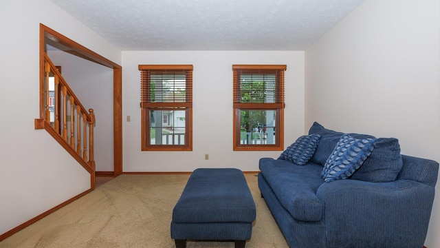410 Wildberry Dr, Normal, IL 61761 - sitting room with carpet floors, stairs, and a textured ceiling
